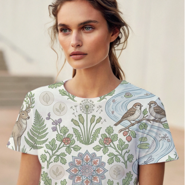 floral woodland tee — nature stream & deer all over print