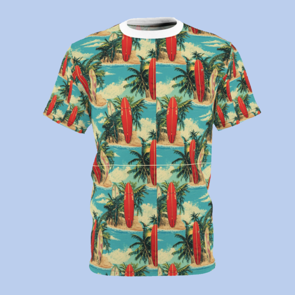 surfboard retro beach tee — vintage tropical hawaiian print shirt
