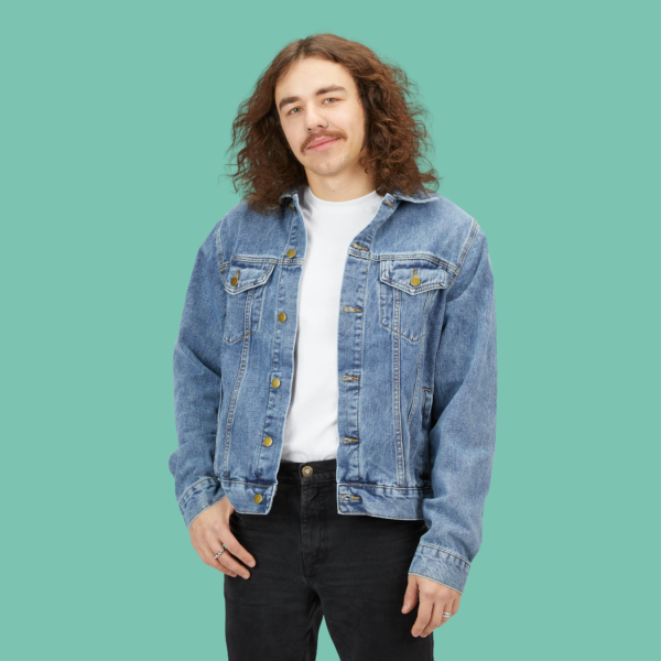 denim jacket — 'just vibes' retro sports car patch back graphic