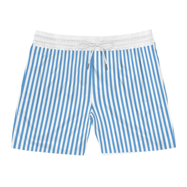 blue & white striped swim shorts — men's mid length beach trunks
