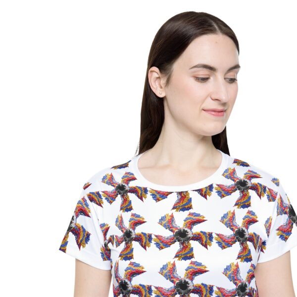 women's sports jersey — colorful abstract pinwheel all over print